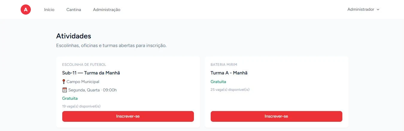 Atividades e turmas abertas