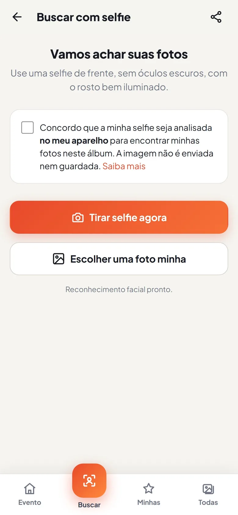 Tela de busca por selfie