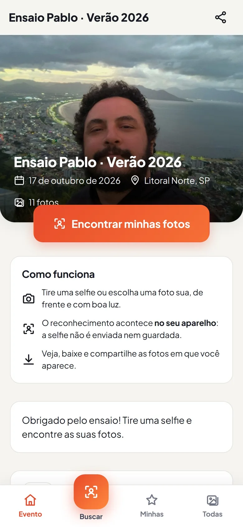 Página do evento no celular