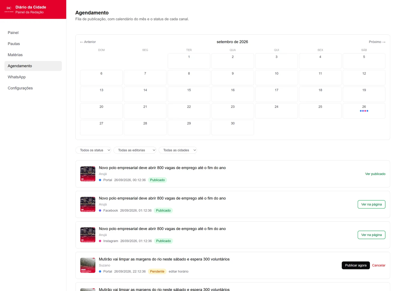 Calendário de agendamento