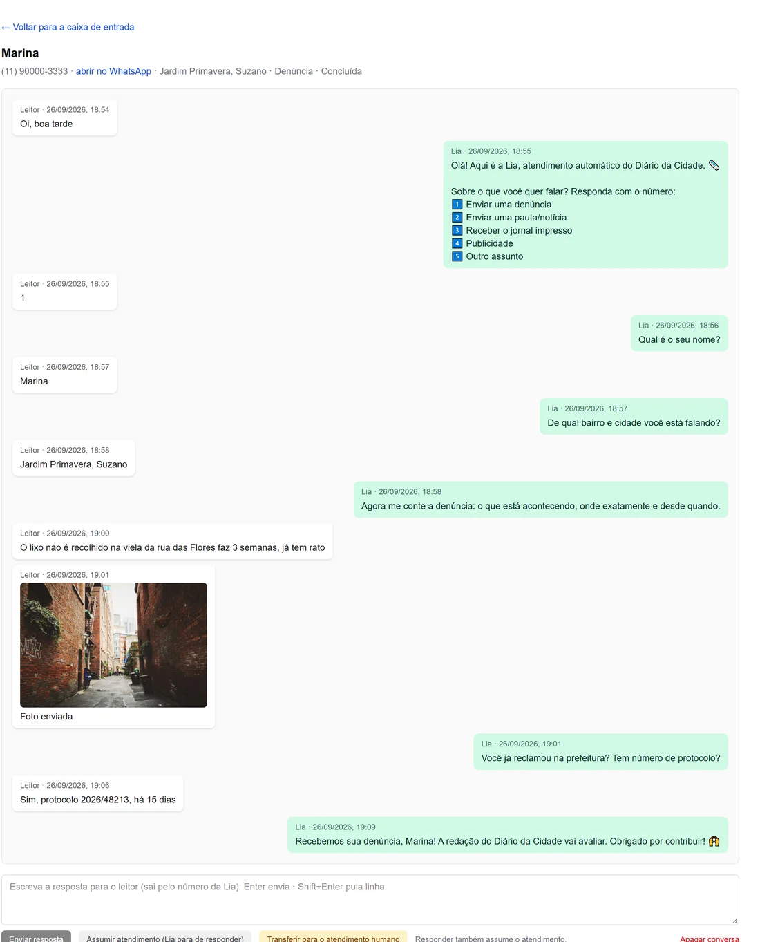 Conversa de atendimento no WhatsApp
