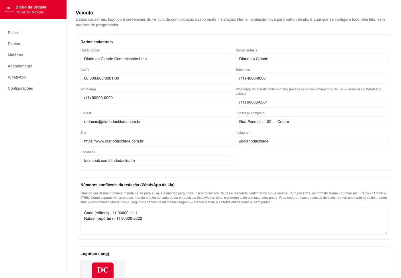 Configurações do veículo